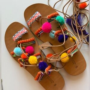 Ammos Genuine Leather Greece Pom Friendship Charm Gladiator Wrap Sandal Size 7